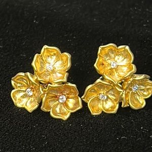 #16 Vintage Earrings for Pierced Ears, 3 Gold Flowers with Crystal Centers